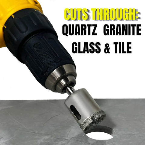 Premium 1 Inch Diamond Drill Bit By Drilax With Triple Coating For Multi Material Use On Granite Quartz Countertops Ceramic And Porcelain Tiles Glass And Stone Core Bit For Precise Long Lasting Holes In Hard Surfaces close-up view with drill