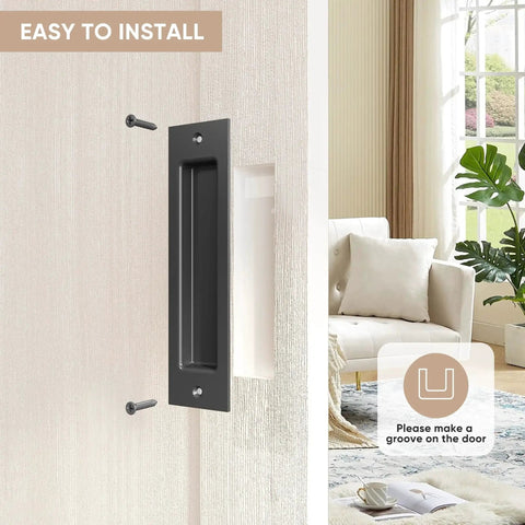 8 Inch Flat Black Barn Door Finger Pull Handle Sliding Door Hardware Solid Heavy Duty Recessed Door Handle For Barn Doors Cabinets and Furniture Flush Mount Look Rust Resistant Carbon Steel installed on door