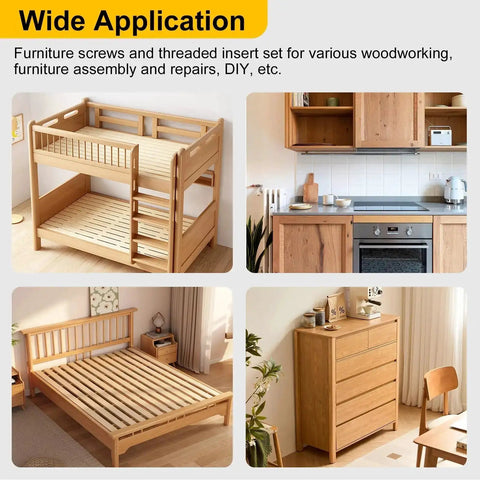 Furniture pieces with Threaded Inserts And Bolts Kit For Wood Furniture Projects 9 Sets DIY Friendly 3/8-16 x 25mm Threaded Inserts.