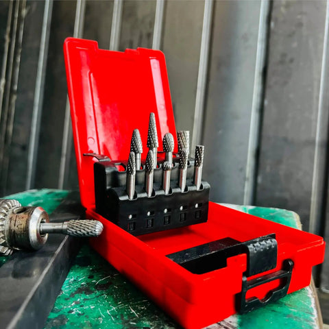 10 Pcs Double Cut Carbide Burr Set With Quarter Inch Shank For Die Grinders And Rotary Tools in red case