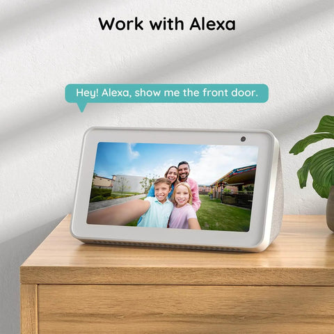 Smart display on a wooden desk showing family smiling, compatible with Wireless Video Doorbell With No Subscription Fees, 2K HD Live View.