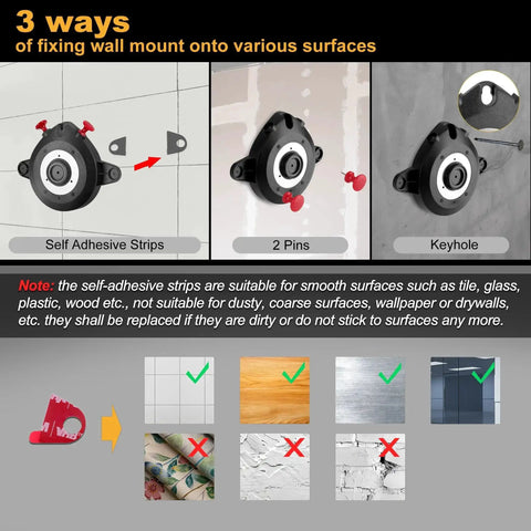3 ways to mount 2-In-1 Stud Finder With Laser Level using adhesive strips, pins, or keyhole method on various surfaces