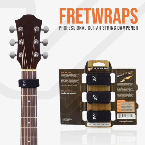 Versatile Fret Wrap Dampener Pack Of 3 shown on guitar neck and in packaging. Gruv Gear FretWrap String Dampener for noise reduction.