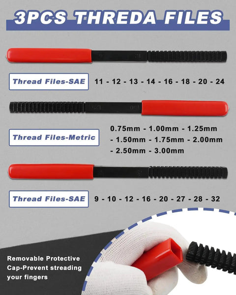 61 Piece All In One Pro Grade Thread Repair Kit With Thread Restorer Tool Set UNC UNF And Metric Chasers shown with thread files