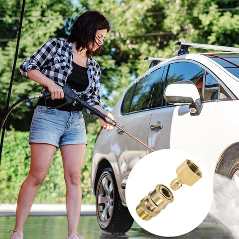 Woman using pressure washer with 4 Pack M22 To 15mm To One Quarter Inch Pressure Washer Adapters Quick Disconnect Hose Fittings Kit