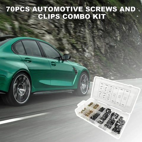 Image of 170 Piece Car U Clip And Screw Set, 9 Size Automotive U Nuts With Screws, in an open case on a road backdrop