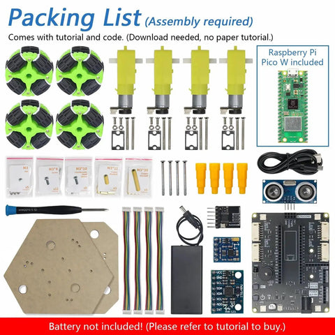 Packing list of Omni Wheel Robot Car Kit For Raspberry Pi Pico W With Dual Core Cortex M0 Plus MCU including wheels and components