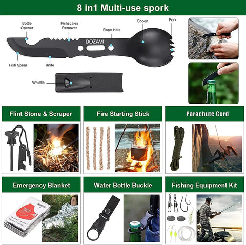 Beast 142 In 1 First Aid Kit With Molle Pouch For Camping Hiking And Outdoor Adventures showing a multi-use spork and survival tools.