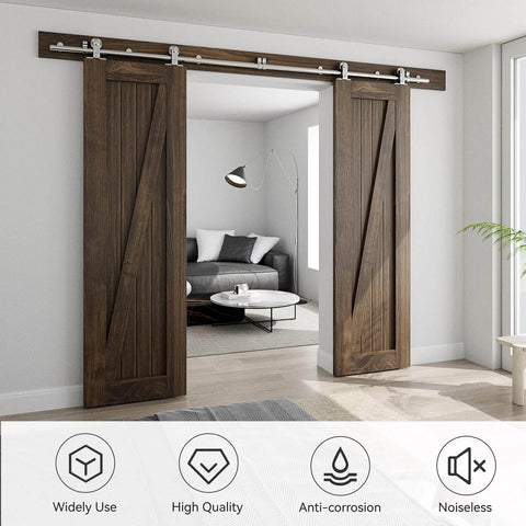 Room with wooden double doors using Stainless Steel Sliding Door Hardware Kit For Top Mount Wooden Doors, J Style, 6 Ft Rail System.
