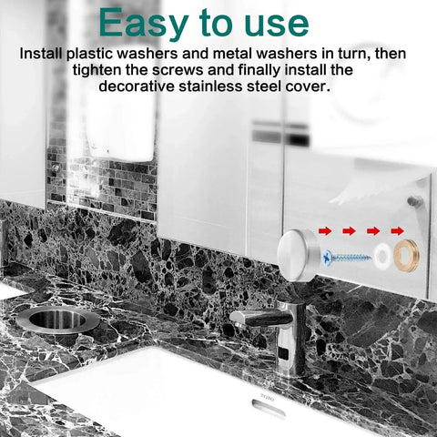 20 Pieces Stainless Steel Screw Cover Caps 0.63 Inch Diameter 16mm showing installation on mirror surface