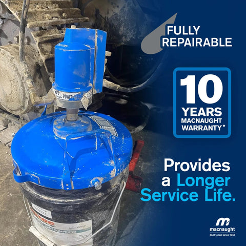 Macnaught Legendary P3TR 50:1 air-operated grease pump on a blue 5-gallon container with booster gun and hose.