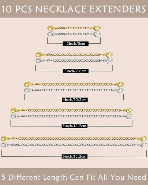 10 Piece Necklace Extender Set With 5 Lengths 2 3 4 5 6 Inches In Gold And Silver Plated Stainless Steel for jewelry making.