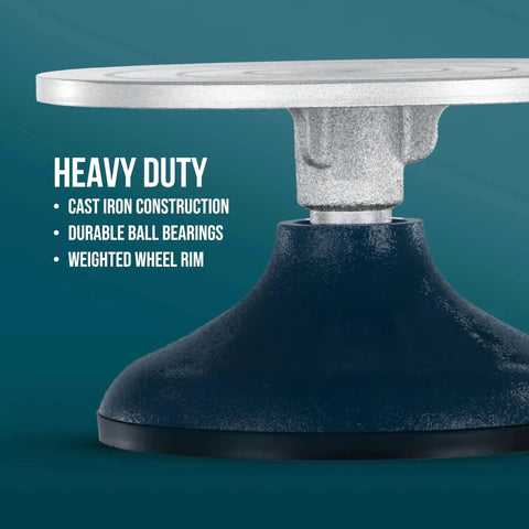 Side view of 7 Inch Diameter Sculpting Wheel For Ceramics And Pottery With Heavy Duty All Metal Construction And Ball Bearing Turntable Ideal For Cake Decorating Model Making Clay Design Floral Arranging And Other Artists US Art Supply showing base and bearings.