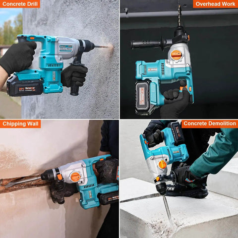 20V Cordless SDS-Plus Rotary Hammer Drill With Brushless Motor in use for drilling, chiseling, and demolition on concrete surfaces