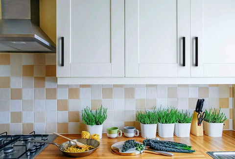 Modern kitchen with 30 Pack 5 Inch Kitchen Square Cabinet Handles Matte Black Pulls for Cabinets and Cupboards Center to Center 5 Inch Spacing