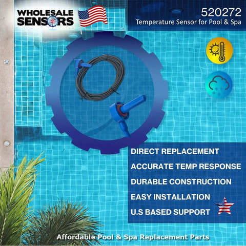 Replacement 520272 Air Water Solar Temperature Sensor With 20 Feet Cable For Pool And Spa, shown against a pool backdrop