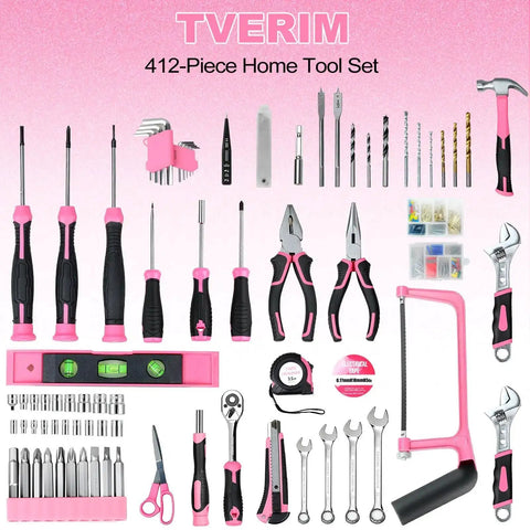 Collection of tools from All In One 412 Piece Home And Auto Tool Set With Drawer Organizer And Case For Women And Men