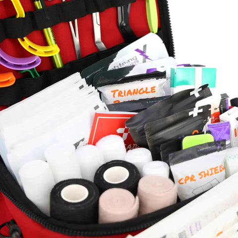 Open view of Mid Sized First Responder EMT Bag Fully Stocked With Over 240 First Aid EMS And Trauma Supplies Red Lightning X LXMB25