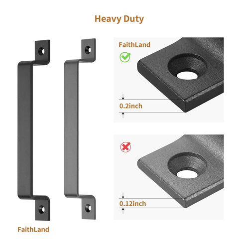 Black 6.42 Inch Barn Door Handle Set Pack 2 Built Tough for Sliding Doors Cabinets Closets Drawers With Matte Black Finish Carbon Steel Pull Handles and Two Sets of Different Length Screws, showing handle dimensions.