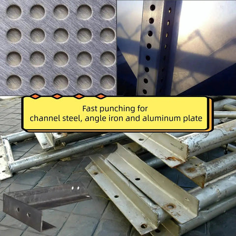Beast Mode 22 Ton Electric Hydraulic Hole Puncher for Metal shown with punched aluminum and steel plates