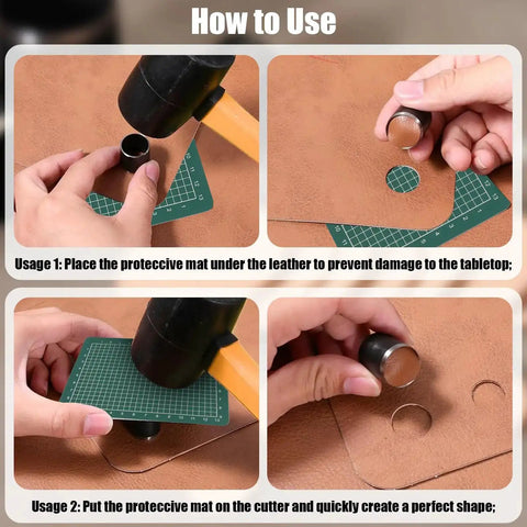 Guide to using the Leather Hole Punch Set 25-Piece With 1-25mm Hollow Punch Kit on a leather piece with A6 cutting mat shown.