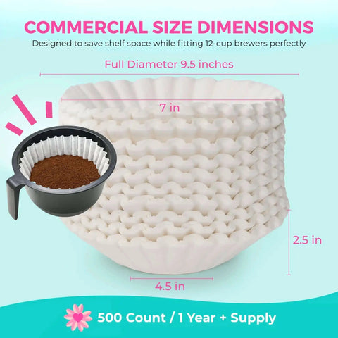 Large Commercial Coffee Filters 9.5 X 4.5 Inches For 12-Cup BUNN Fetco And Curtis Coffee Machines - Tall Walls Prevent Ground Overflow