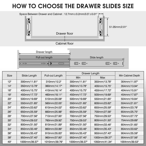Size chart and installation guide for Heavy Duty Drawer Slides 20 Inch Full Extension Ball Bearing Rails Side Mount