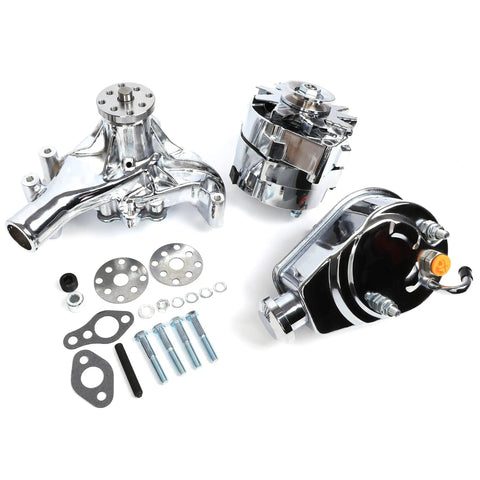 Long Chrome Water Pump, Power Steering Pump, And 130W Chrome Alternator Kit With Brackets For Small Block Chevy SBC Engines