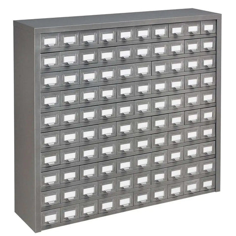 Heavy Duty 100 Drawer Small Parts Storage Cabinet With Label Holders All Steel Construction In Gray Enamel Garage Ready Ideal Organizer For Nuts Bolts Screws And Tiny Parts