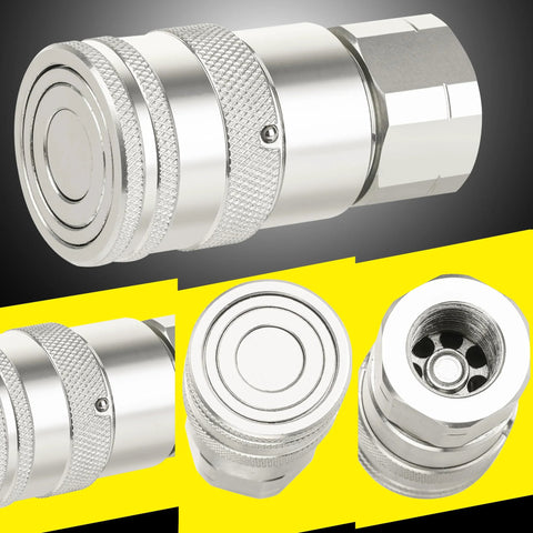 ANCIMOON 2-pack 1/2 in NPT flat-face hydraulic couplers, silver metal quick-connect fittings with 4 dust covers