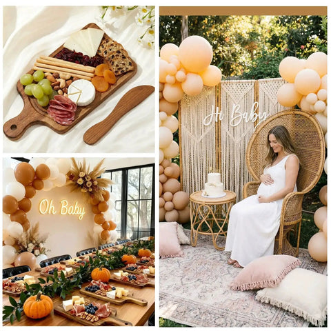 Collage of baby shower with Mini Wooden Charcuterie Board Set 10 Piece Bulk with Cheese Knives and Organza Bags for Weddings Parties