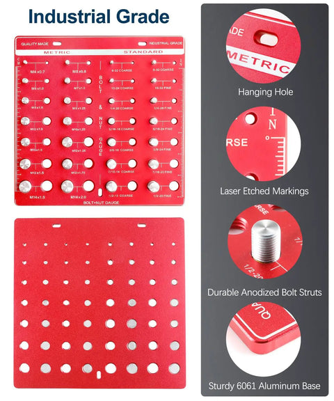 Nut And Bolt Thread Checker And Identifier Board With 14 Standard And 14 Metric Gauges For Quick Size And Thread ID, Bench Or Wall Mount, Easy Nut And Screw Reference Tool showing red aluminum board with gauges.