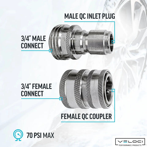 4 Piece Garden Hose Pressure Washer Adapter Kit With Three Quarter Inch Quick Connect Fittings MTM Hydro Stainless Steel High Pressure Couplings And Connectors For Easy Hose Swaps, featuring male and female quick-connect couplers