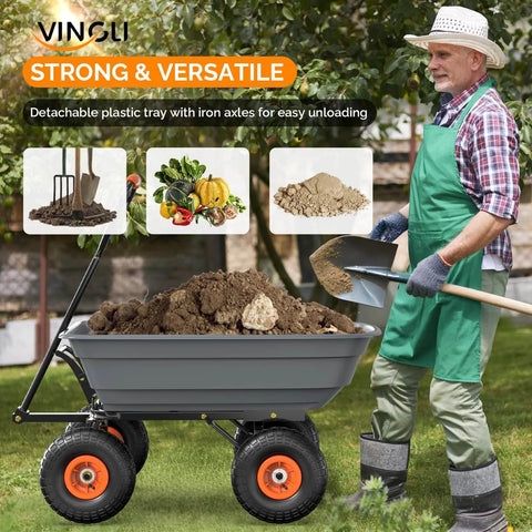 Man using Heavy Duty Dump Cart Wagon With Quick Release Dump, All Terrain 10 Inch Tires, Garden Wagon For Yard And Lawn