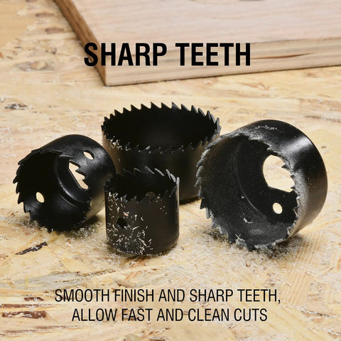 Four saw blades from 8 Piece Hole Saw Kit With Case 1 To Two And One Eighth Inches Includes Five Saw Blades Mandrel Two Drill Bits And Hex Key For Soft Wood PVC Plywood Ideal For DIY Projects And Home Improvement Tasks Cutting Soft Wood PVC Board And Plywood With A Durable on a wooden surface