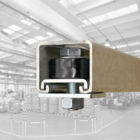 Trolley Assembly Limiter For One And Five Eighths Inch Wide Strut Channel installed in channel showing end view.