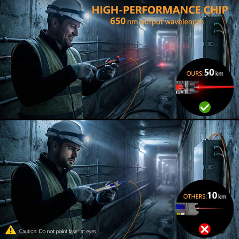 Trileria visual fault locator by Amazon, fiber optic tester with 2.5mm adapter, 50 km range.