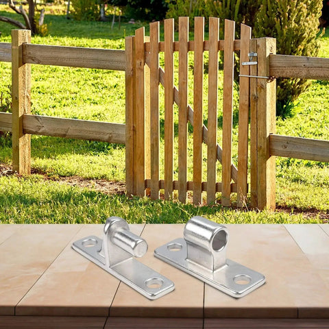 Heavy Duty 304 Stainless Steel Gate Hinges For Fence Barn Garden Doors 4.6 Inch Length 6mm Thick Plate displayed near wooden gate