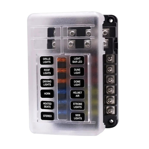 12 Way Blade Fuse Box Holder With LED Indicator And Protective Cover For Car Boat Marine Trike Truck SUV Yacht RV Built Tough With Nickel Clad Copper Construction. Front view.