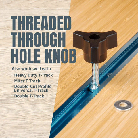 Threaded through hole knob on wooden surface with metal t-track for All-In-One T Track Knob Kit With Hold Down Clamps For Woodworking Jigs And Fixtures