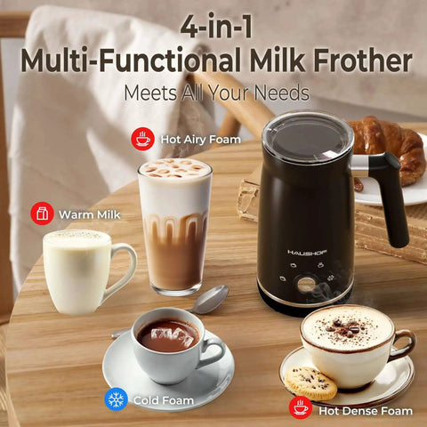 4 In 1 Electric Milk Frother And Steamer With Large Capacity For Hot Or Cold Foam Automatic Warm Milk Warmer On Wooden Table