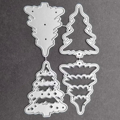4 Piece Christmas Tree Metal Die Cutting Set For Scrapbooking And Card Making, silver carbon steel stencil dies on dark background.