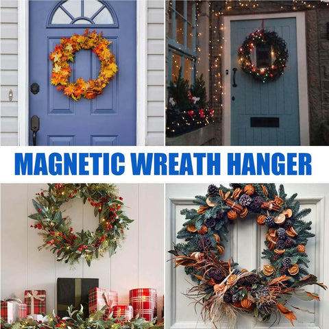 Various wreaths displayed on doors using a magnetic wreath hanger, suitable for seasonal decorations.