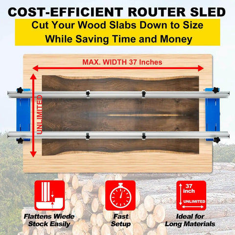 Cost-efficient router sled trimming a live edge slab, fits max width 37 inches, highlighting easy setup and ideal for long materials.