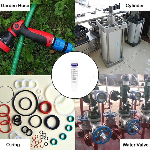 EDSRDUS SG01A high vacuum silicone grease tube, 85 g; collage shows O-rings, water valves, vacuum pump cylinders.