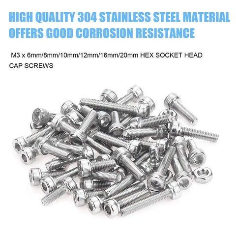 Hex Socket Head Cap Bolts And Nuts Kit Stainless Steel 304 M3 Set In 6 8 10 12 16 20 mm Lengths 360 Pieces DIY Hardware