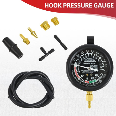Fuel Pump Pressure And Vacuum Tester Gauge Kit For Carburetor And Intake Manifold Diagnostics with accessories shown