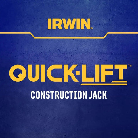 Quick-Lift Construction Jacks logo with blue background and yellow text featuring brand name Irwin.