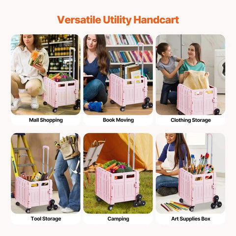 Foldable Utility Cart 65L Portable Crate Rolling Cart With Stair Climbing Wheels in six different uses: shopping, books, clothes, tools, camping, art supplies.