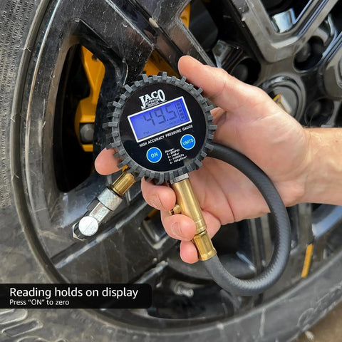 ElitePro Digital Tire Pressure Gauge JACO Superior With Pro Grade Accuracy Up To 200 PSI in use on car tire